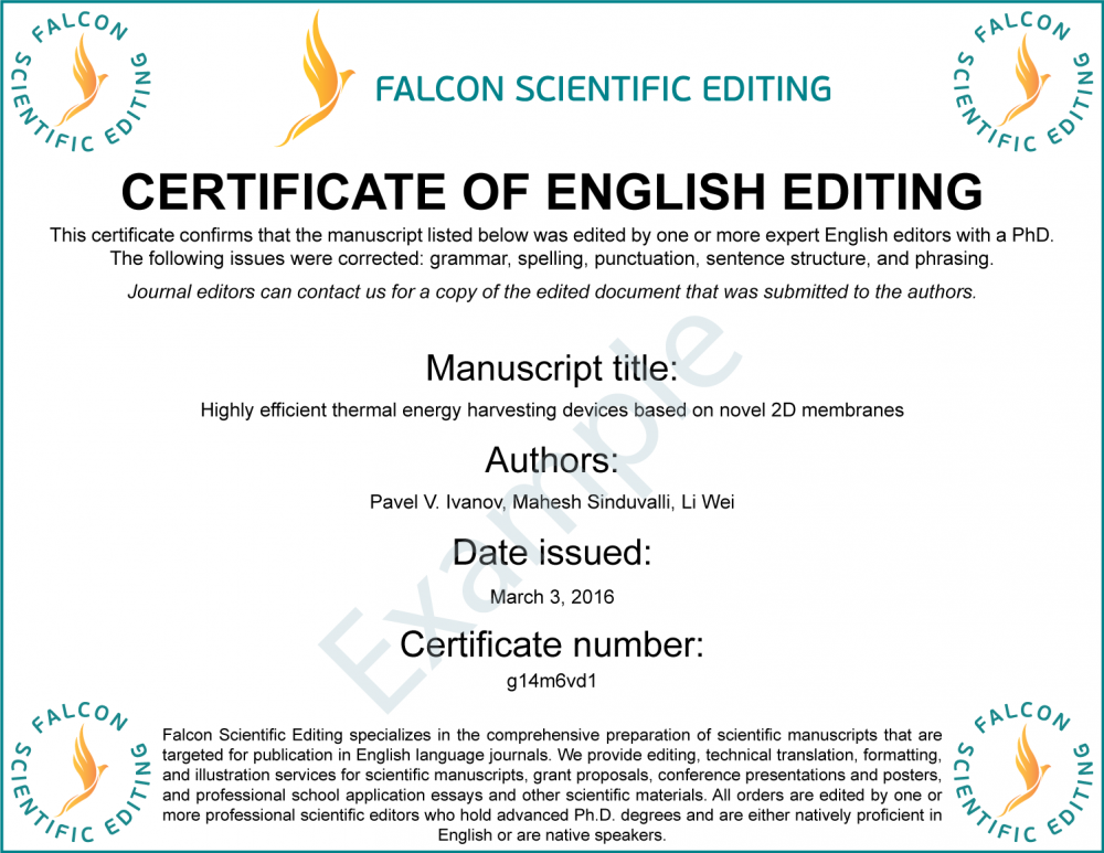 Falcon Scientific Editing - Editing Certificate Example